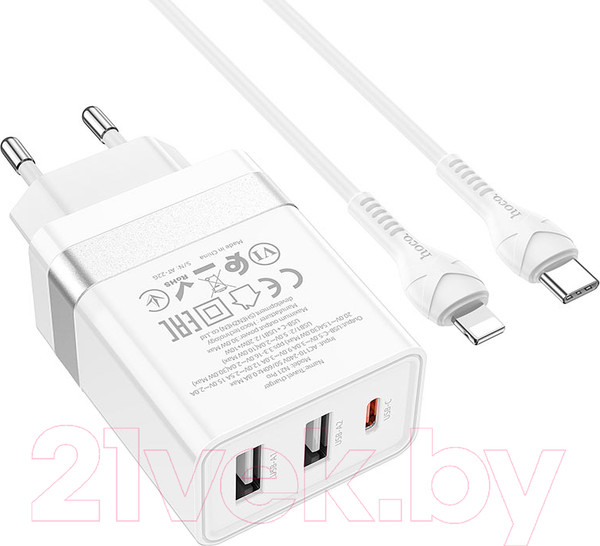 Изображение товара Зарядное устройство сетевое Hoco N21 + кабель Type-C to Lightning (белый)