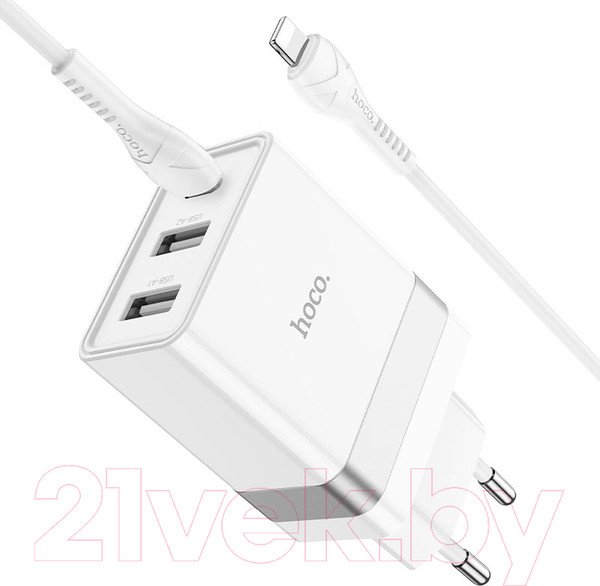 Изображение товара Зарядное устройство сетевое Hoco N21 + кабель Type-C to Lightning (белый)