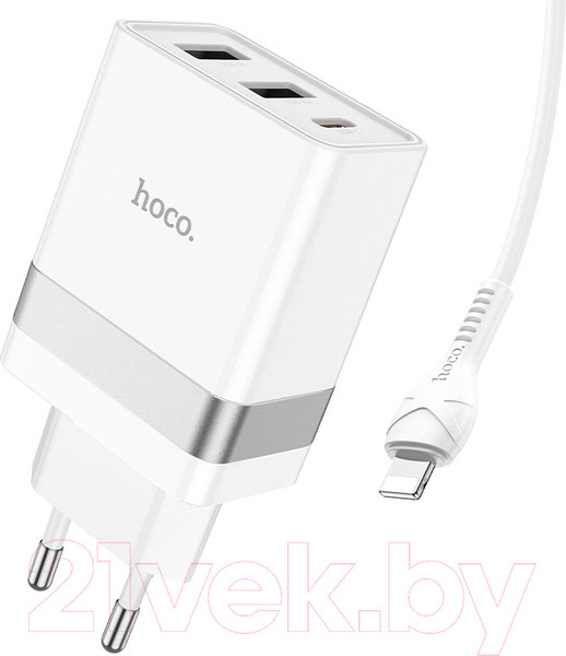 Изображение товара Зарядное устройство сетевое Hoco N21 + кабель Type-C to Lightning (белый)