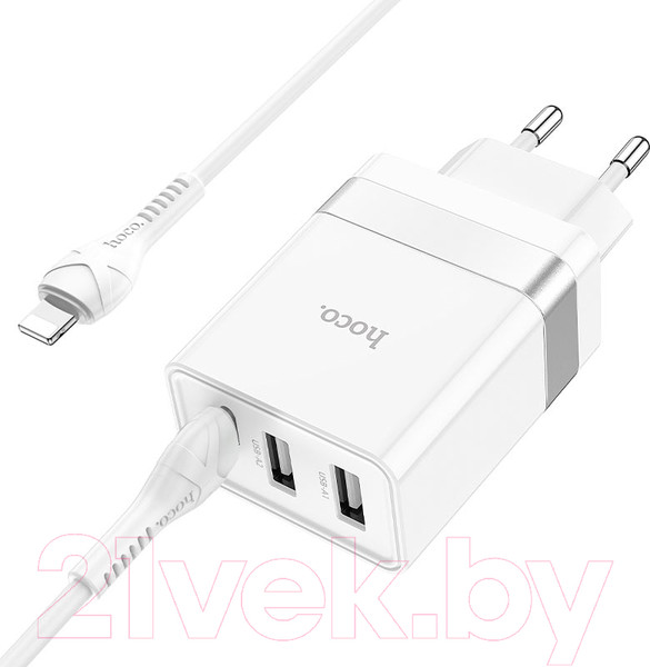 Изображение товара Зарядное устройство сетевое Hoco N21 + кабель Type-C to Lightning (белый)