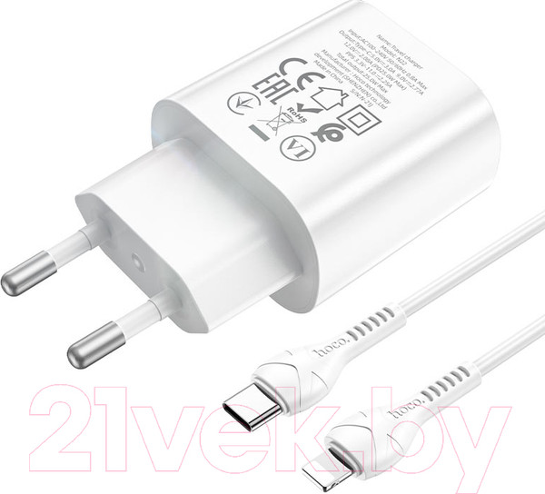Изображение товара Зарядное устройство сетевое Hoco N22 + кабель Type-C to Lightning (белый)