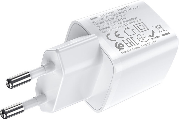 Изображение товара Адаптер питания сетевой Hoco N8 + кабель Type-C (белый)