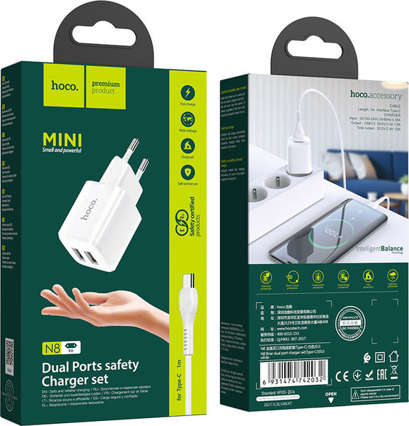 Изображение товара Адаптер питания сетевой Hoco N8 + кабель Type-C (белый)
