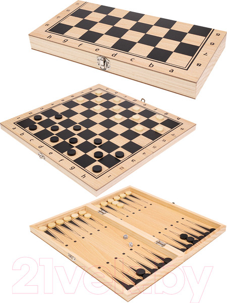 Изображение товара Набор настольных игр РЫЖИЙ КОТ 3 в 1 Дерево Шахматы, шашки, нарды / ИН-9464