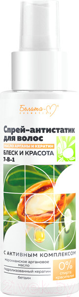 Изображение товара Спрей для волос Белита-М Антистатик Масло арганы и кератин Блеск и красота 7в1 (150мл)