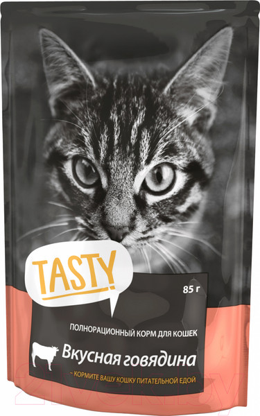 Изображение товара Влажный корм для кошек Tasty Cat С говядиной в желе (85г)