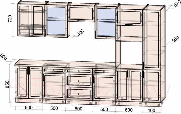 Изображение товара Кухонный гарнитур Интерлиния Тренд 3.2В (белый/белый/кастилло темный)