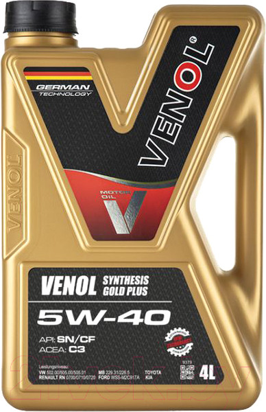 Изображение товара Моторное масло Venol Synthesis Gold Plus SN CF 5W40 C3 / 217004 (4л)