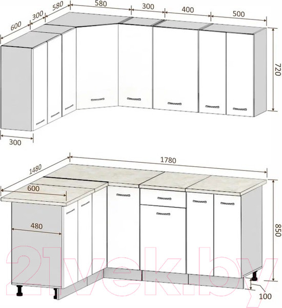 Изображение товара Кухонный гарнитур Кортекс-мебель Корнелия Лира 1.5x1.8 (капучино/оникс/дуб бунратти)