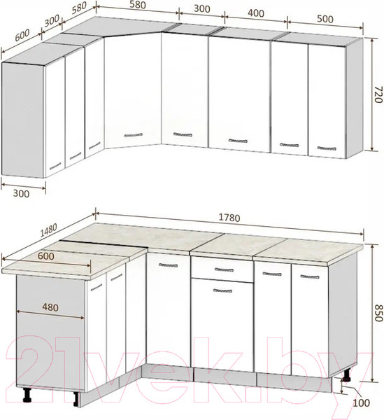 Изображение товара Кухонный гарнитур Кортекс-мебель Корнелия Лира 1.5x1.8 (капучино/оникс/марсель)
