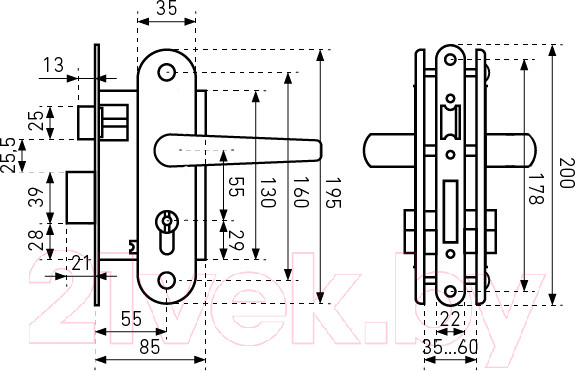 Изображение товара Замок врезной Птимаш ЗВ4-3.08 (бронза, стяжки)