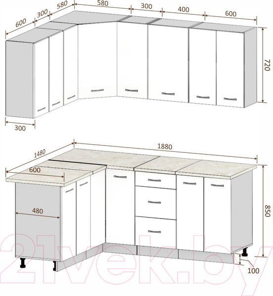 Изображение товара Кухонный гарнитур Кортекс-мебель Корнелия Лира 1.5x1.9 (дуб сонома/марсель)