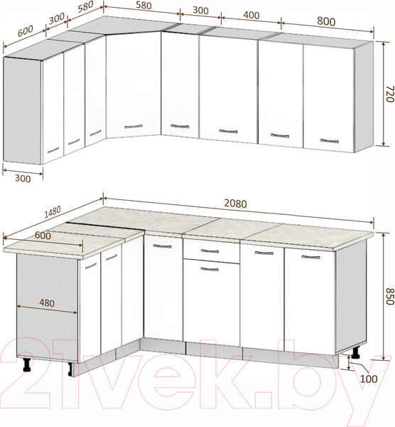 Изображение товара Кухонный гарнитур Кортекс-мебель Корнелия Лира 1.5x2.1 без столешницы (дуб сонома)