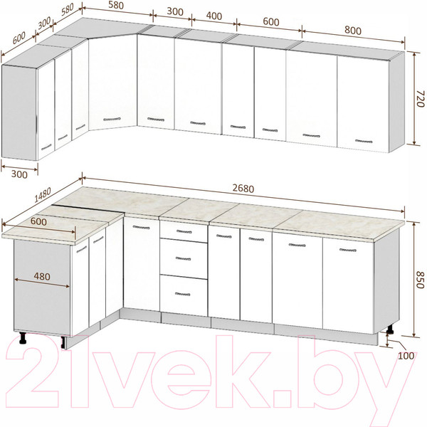 Изображение товара Кухонный гарнитур Кортекс-мебель Корнелия Лира 1.5x2.7 без столешницы (дуб сонома)