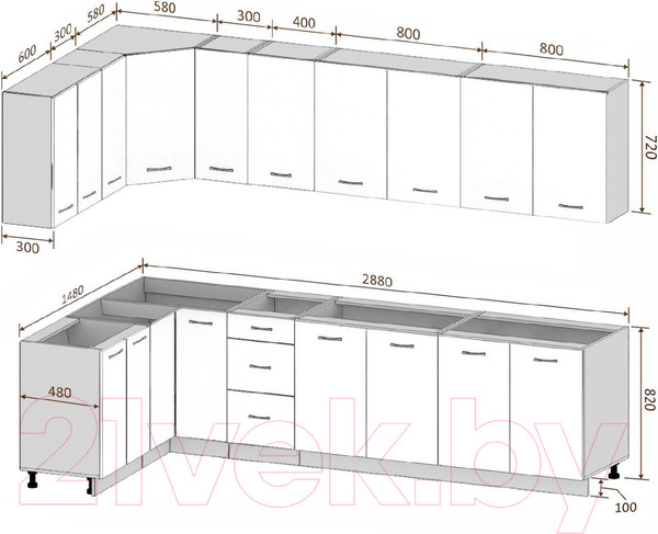 Изображение товара Кухонный гарнитур Кортекс-мебель Корнелия Лира 1.5x2.9 без столешницы (капучино/оникс)
