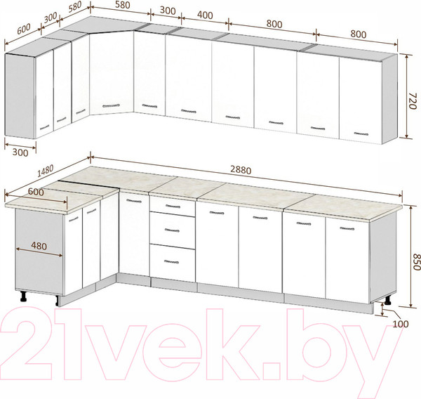 Изображение товара Кухонный гарнитур Кортекс-мебель Корнелия Лира 1.5x2.9 (дуб сонома/королевский опал)