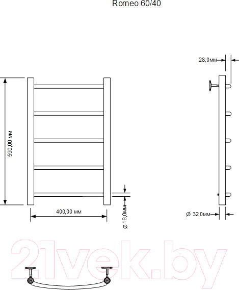 Изображение товара Полотенцесушитель электрический Aquanet Romeo 60x40 / 281985 (правый)