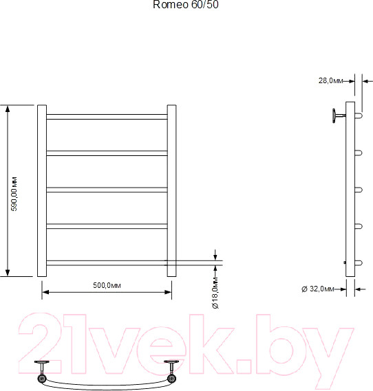 Изображение товара Полотенцесушитель электрический Aquanet Romeo 60x50 / 281986 (правый)