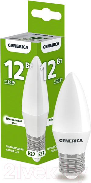 Изображение товара Лампа Generica C35 12Вт Свеча 4000К E27 230В / LL-C35-12-230-40-E27-G