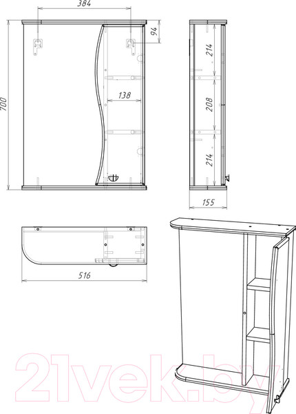 Изображение товара Шкаф с зеркалом для ванной Айсберг Волна 50 (правый)