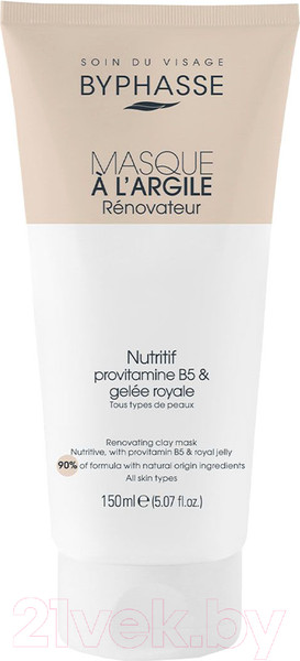 Изображение товара Маска для лица кремовая Byphasse Обновляющая с глиной провитамином В5 и маточным молочком (150мл)