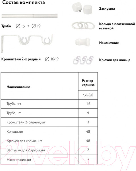 Изображение товара Карниз для штор LEGRAND Цилиндр Раздвижной 1.6-3м 2-х рядный / 58102164 (белый)