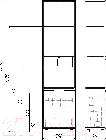 Изображение товара Шкаф-пенал для ванной Домино 3D 50 В1 с корзиной для белья