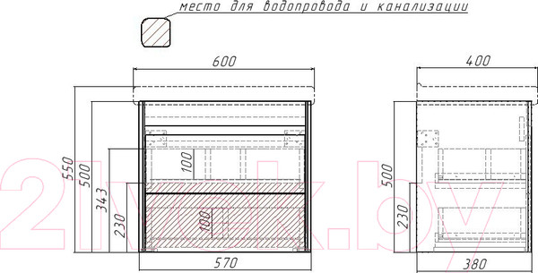 Изображение товара Тумба под умывальник Домино Fest 60 Uno подвесная с двумя ящиками В2 (дуб серый)