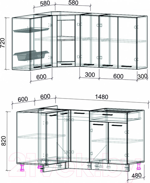Изображение товара Кухонный гарнитур Интерлиния Мила 12x15 без столешницы (белый платинум/бетон)