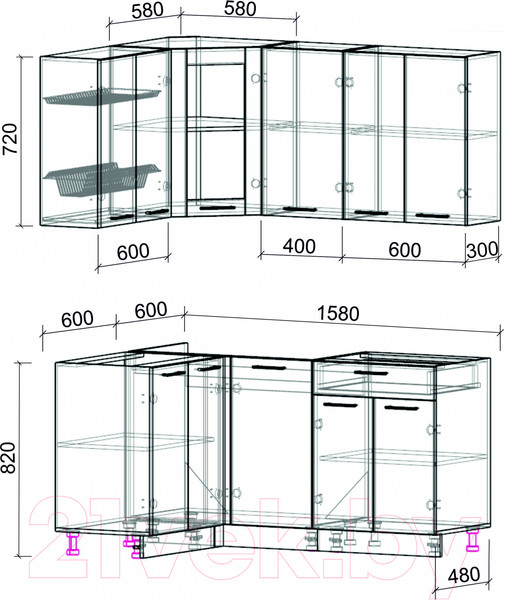 Изображение товара Кухонный гарнитур Интерлиния Мила 12x16 без столешницы (серебристый/бетон)