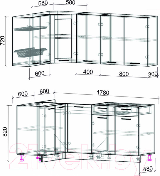 Изображение товара Кухонный гарнитур Интерлиния Мила 12x18 без столешницы (вудлайн кремовый/антрацит)