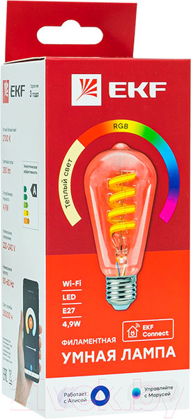 Изображение товара Умная лампа EKF Connect RGB E27 ST64 / slwf-e27-st64-fil-rgbw