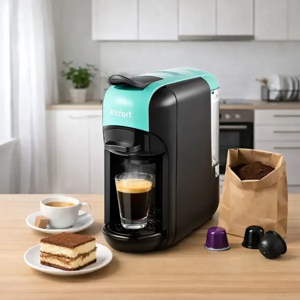 Изображение товара Кофеварка эспрессо Kitfort KT-7105-3 3 в 1 (черно-бирюзовый)