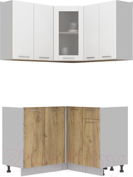 Изображение товара Кухонный гарнитур Интерлиния Мила 12x12 без столешницы (белый платинум/дуб золотой)