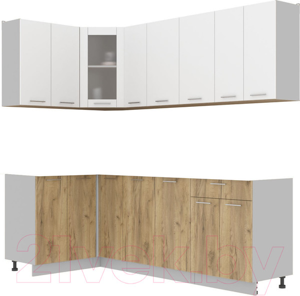 Изображение товара Кухонный гарнитур Интерлиния Мила 12x23 без столешницы (белый платинум/дуб золотой)