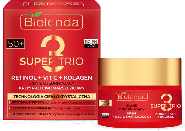 Изображение товара Крем для лица Bielenda Super Trio Retinol+Vit C+Kolagen Сильноукрепляющий 50+ день/ночь (50мл)