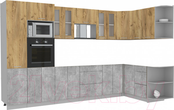 Изображение товара Кухонный гарнитур Интерлиния Мила 1.68x3.4 правая без столешницы (дуб золотой/бетон)