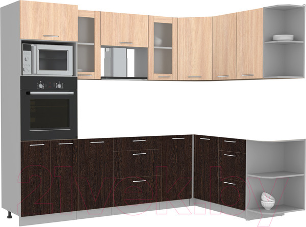 Изображение товара Кухонный гарнитур Интерлиния Мила 1.68x2.6 правая без столешницы (дуб молочный/дуб венге)