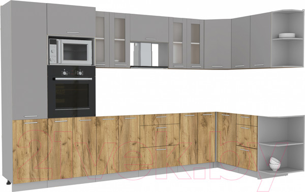 Изображение товара Кухонный гарнитур Интерлиния Мила 1.68x3.4 правая без столешницы (серебристый/дуб золотой)