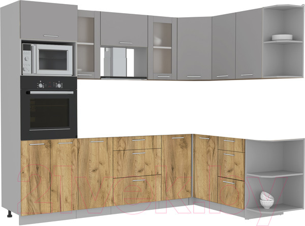 Изображение товара Кухонный гарнитур Интерлиния Мила 1.68x2.6 правая без столешницы (серебристый/дуб золотой)