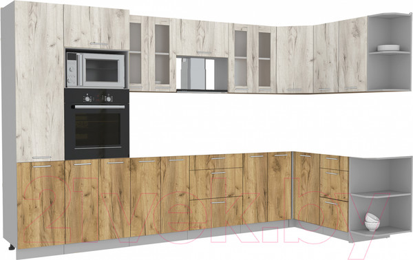 Изображение товара Кухонный гарнитур Интерлиния Мила 1.68x3.4 правая без столешницы (дуб белый/дуб золотой)