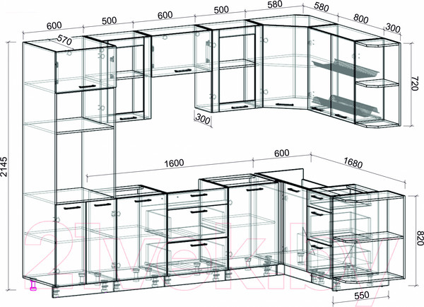 Изображение товара Кухонный гарнитур Интерлиния Мила 1.68x2.8 правая без столешницы (дуб белый/дуб золотой)