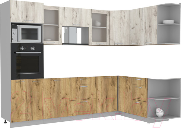 Изображение товара Кухонный гарнитур Интерлиния Мила 1.68x2.8 правая без столешницы (дуб белый/дуб золотой)