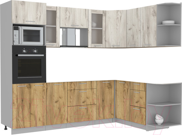 Изображение товара Кухонный гарнитур Интерлиния Мила 1.68x2.6 правая без столешницы (дуб белый/дуб золотой)