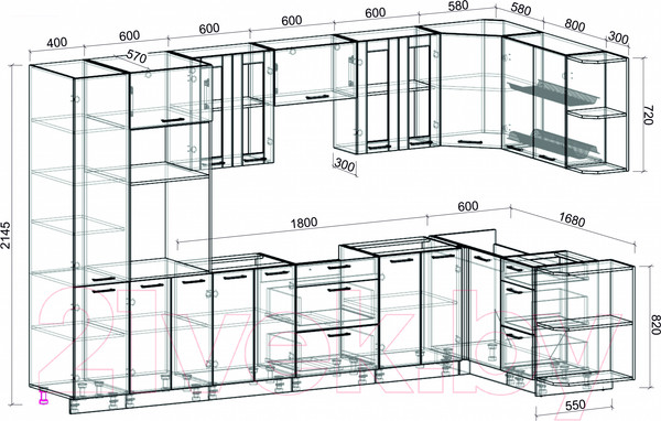 Изображение товара Кухонный гарнитур Интерлиния Мила 1.68x3.4 правая без столешницы (дуб золотой/дуб золотой)