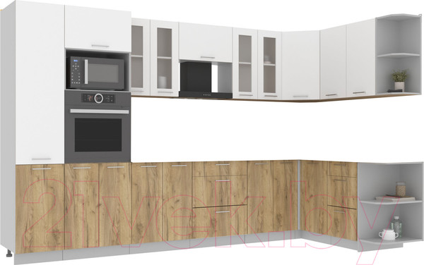 Изображение товара Кухонный гарнитур Интерлиния Мила 1.68x3.4 правая без столешницы (белый платинум/дуб золотой)