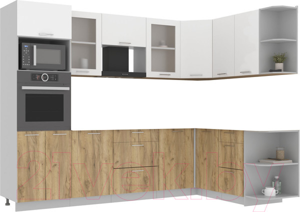 Изображение товара Кухонный гарнитур Интерлиния Мила 1.68x2.8 правая без столешницы (белый платинум/дуб золотой)