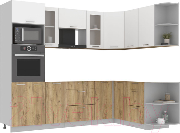 Изображение товара Кухонный гарнитур Интерлиния Мила 1.68x2.6 правая без столешницы (белый платинум/дуб золотой)