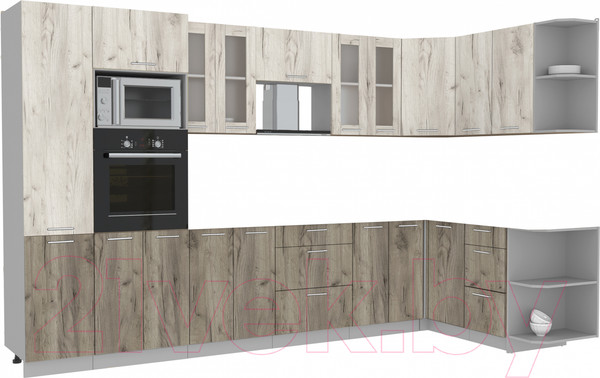 Изображение товара Кухонный гарнитур Интерлиния Мила 1.68x3.4 правая без столешницы (дуб белый/дуб серый)