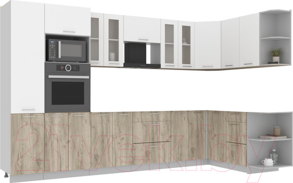 Изображение товара Кухонный гарнитур Интерлиния Мила 1.68x3.4 правая без столешницы (белый платинум/дуб серый)